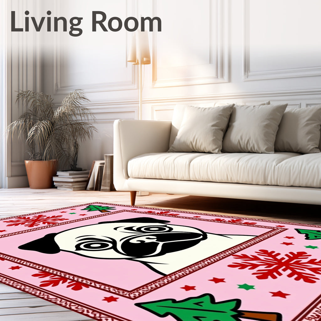 Pink Pug Christmas Trees Snowflakes Rug