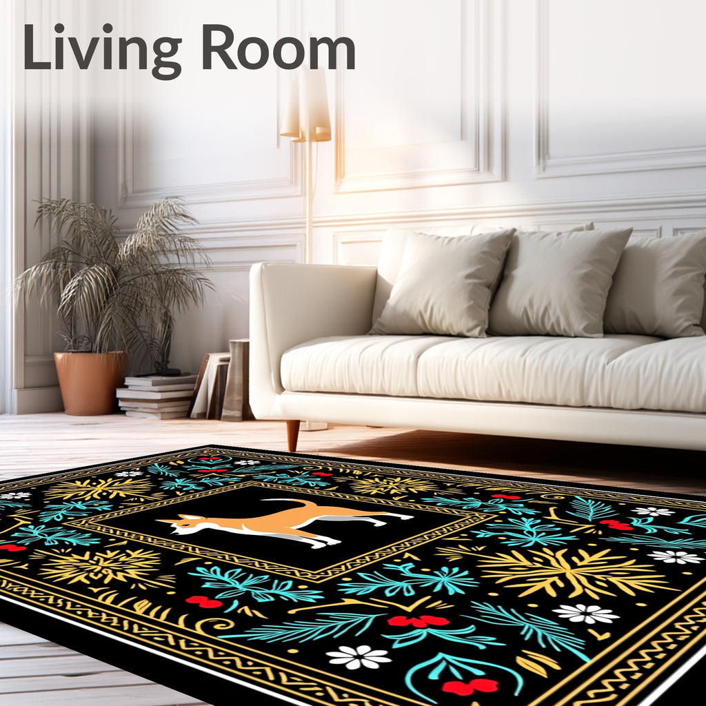 Orange Dog Black Floral Border Rug