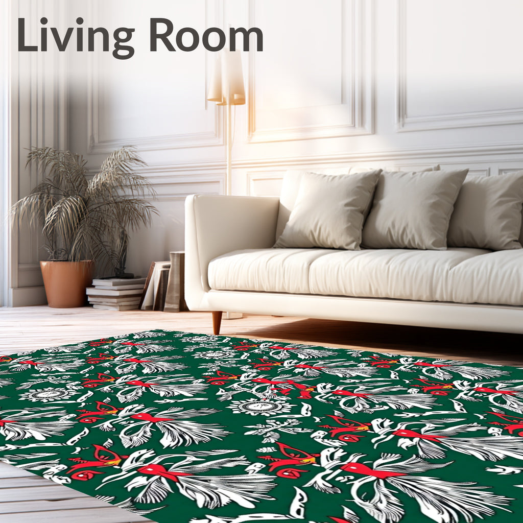 Emerald Green Red White Floral Flock Rug