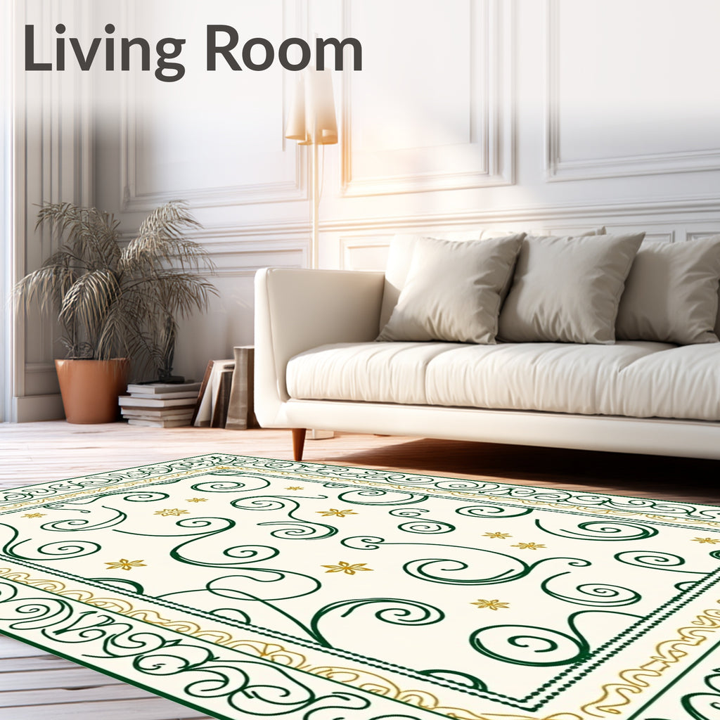 Green Gold Swirl Floral Border Cream Rug