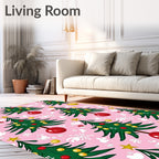 Festive Green Christmas Trees Pink Background Rug