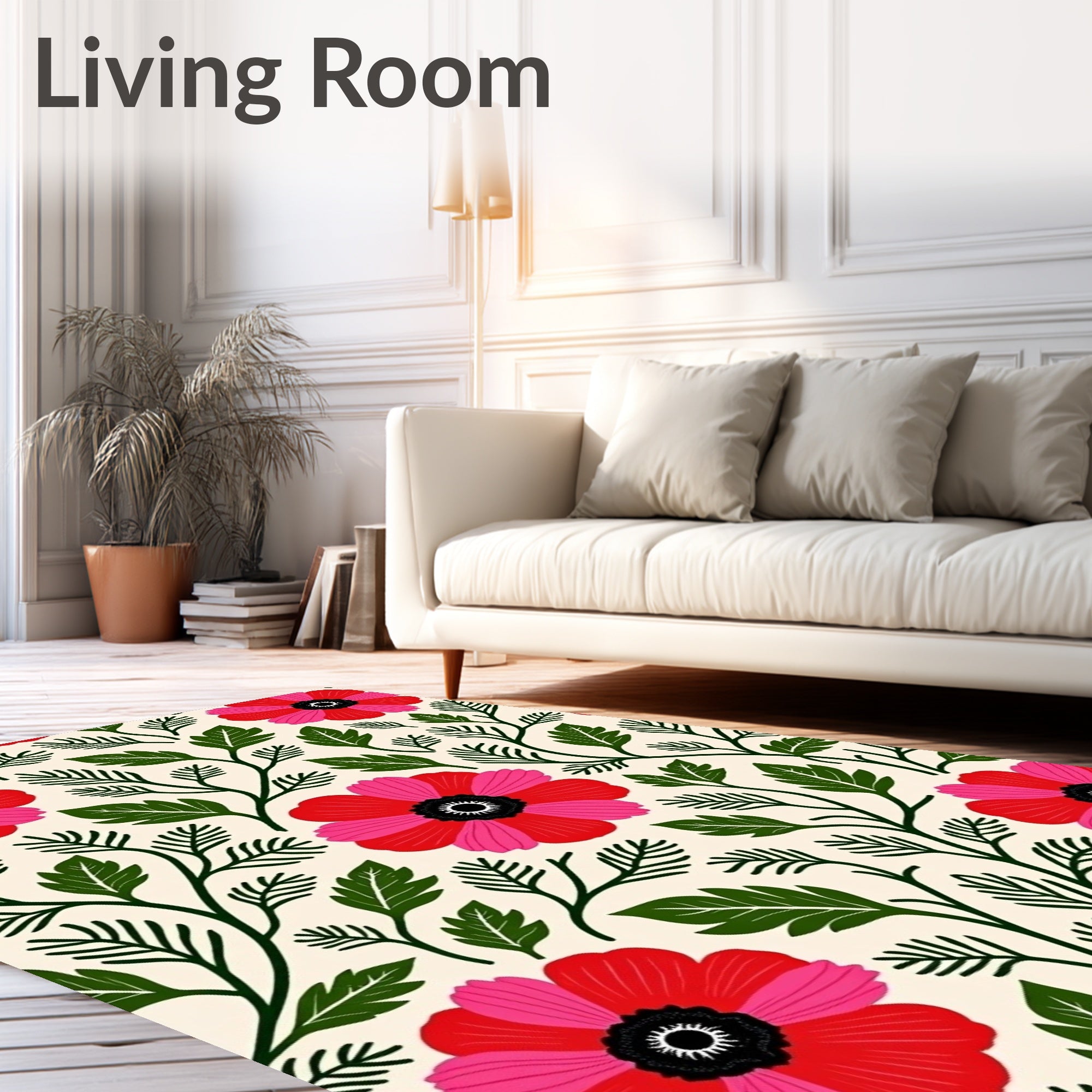 Vibrant Red Pink Floral Foliage Rug