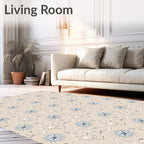 Beige Blue Floral Vine Sketch Rug