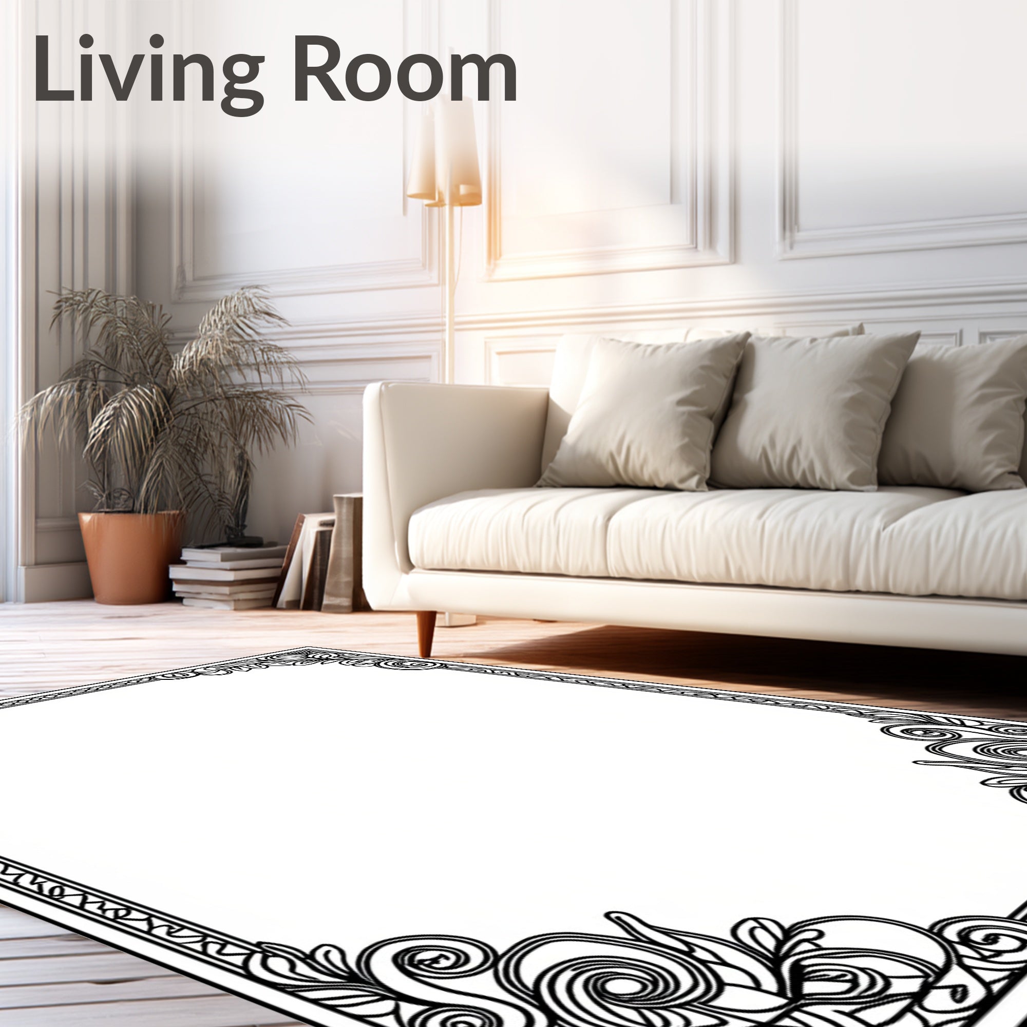 Ornate Black Scrollwork Border Rug
