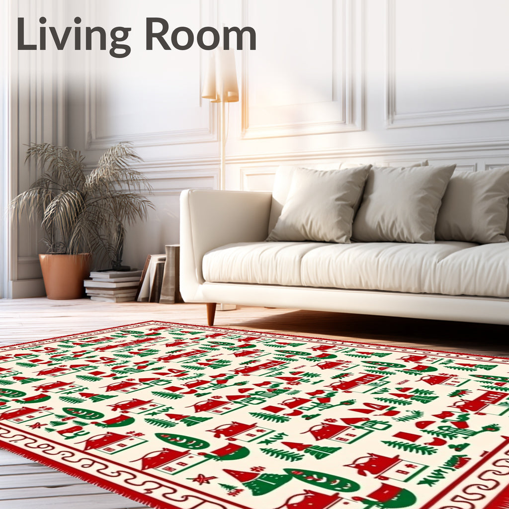 Red Green Village Houses Trees Border Rug