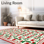 Red Green Village Houses Trees Border Rug