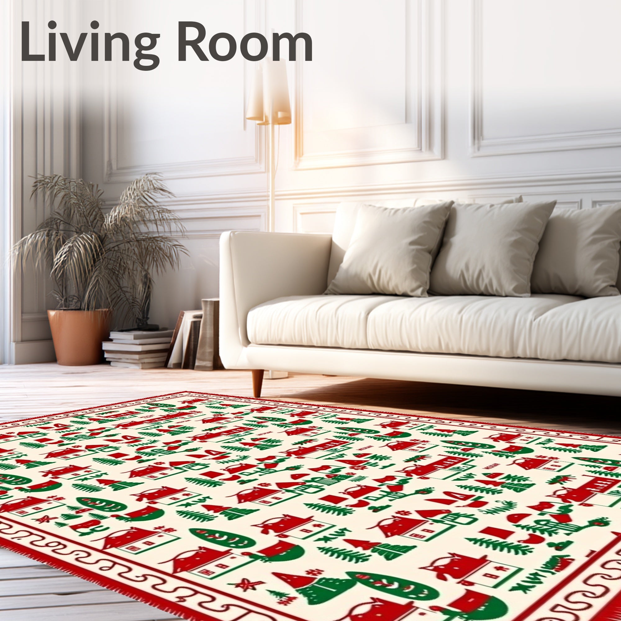 Red Green Village Houses Trees Border Rug
