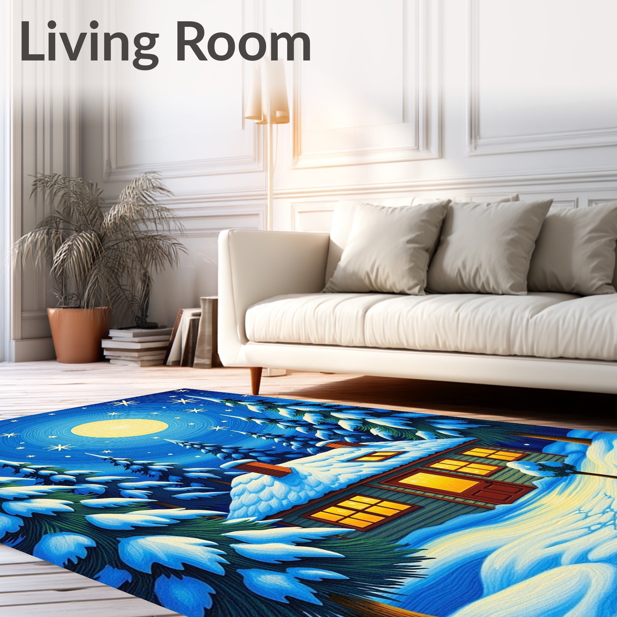 Winter Cabin Snow Starry Night Rug