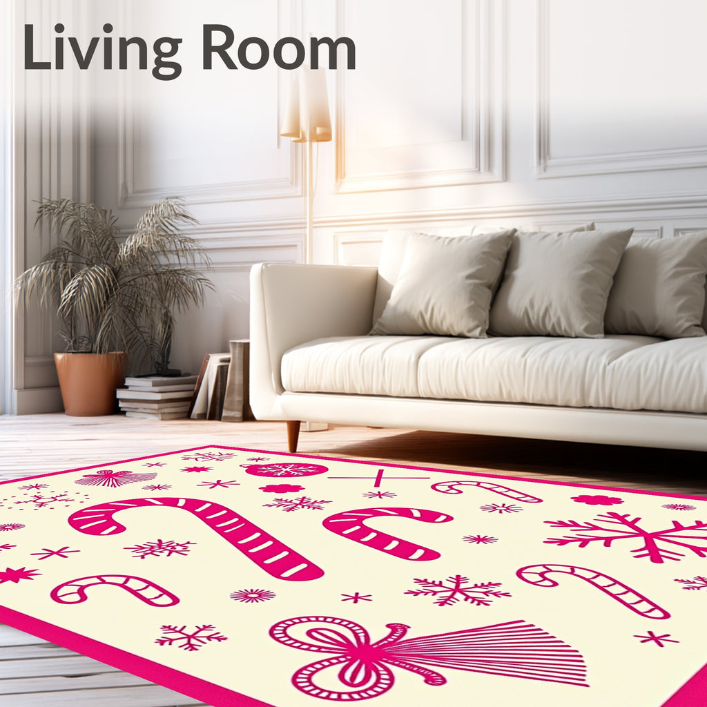 Whimsical Pink Candy Cane Snowflakes Rug