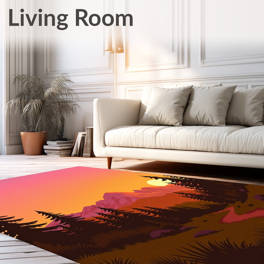 Crimson Orange Mountain Sunset Landscape Rug