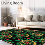 Black Gold Floral Swirl Red Berry Rug