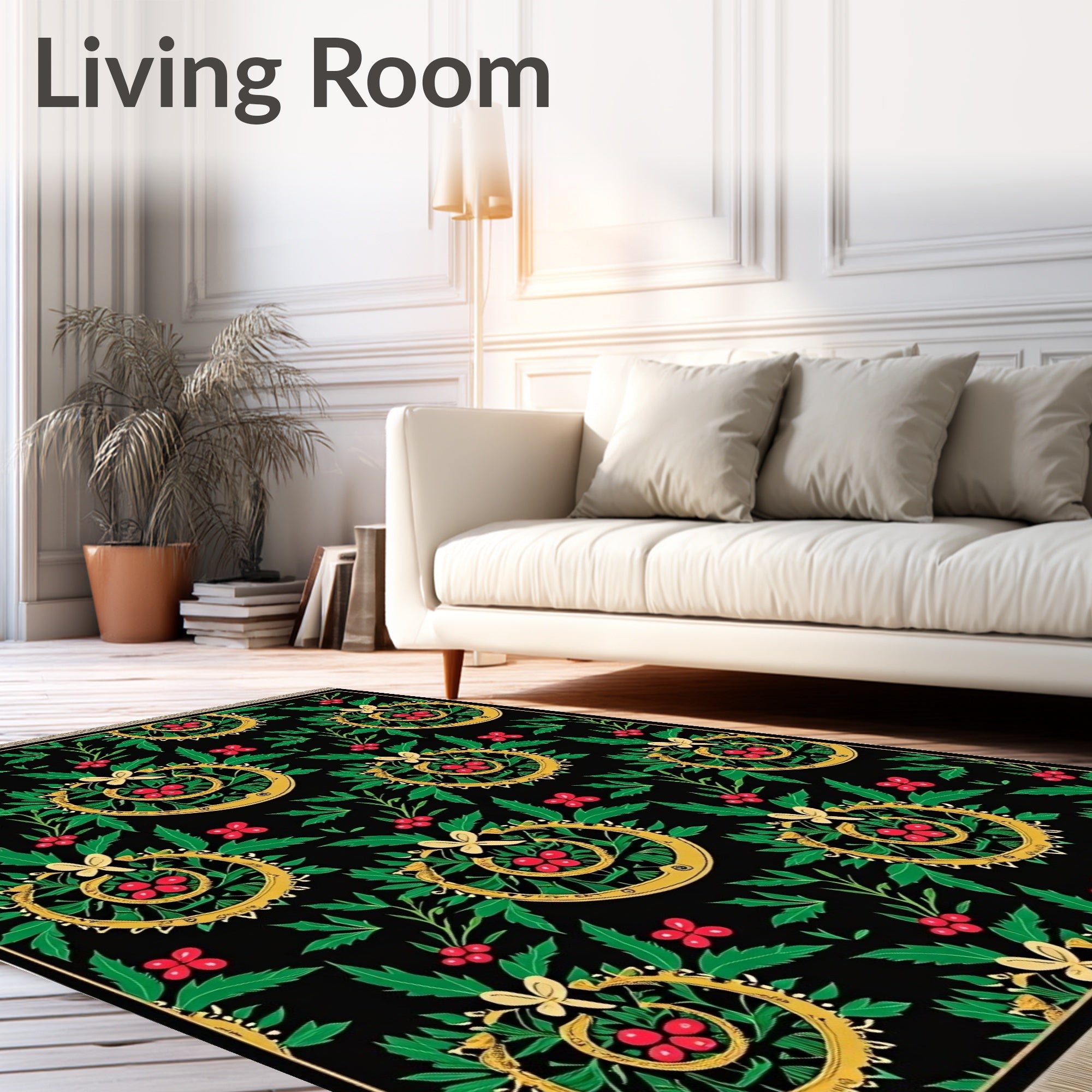 Black Gold Floral Swirl Red Berry Rug