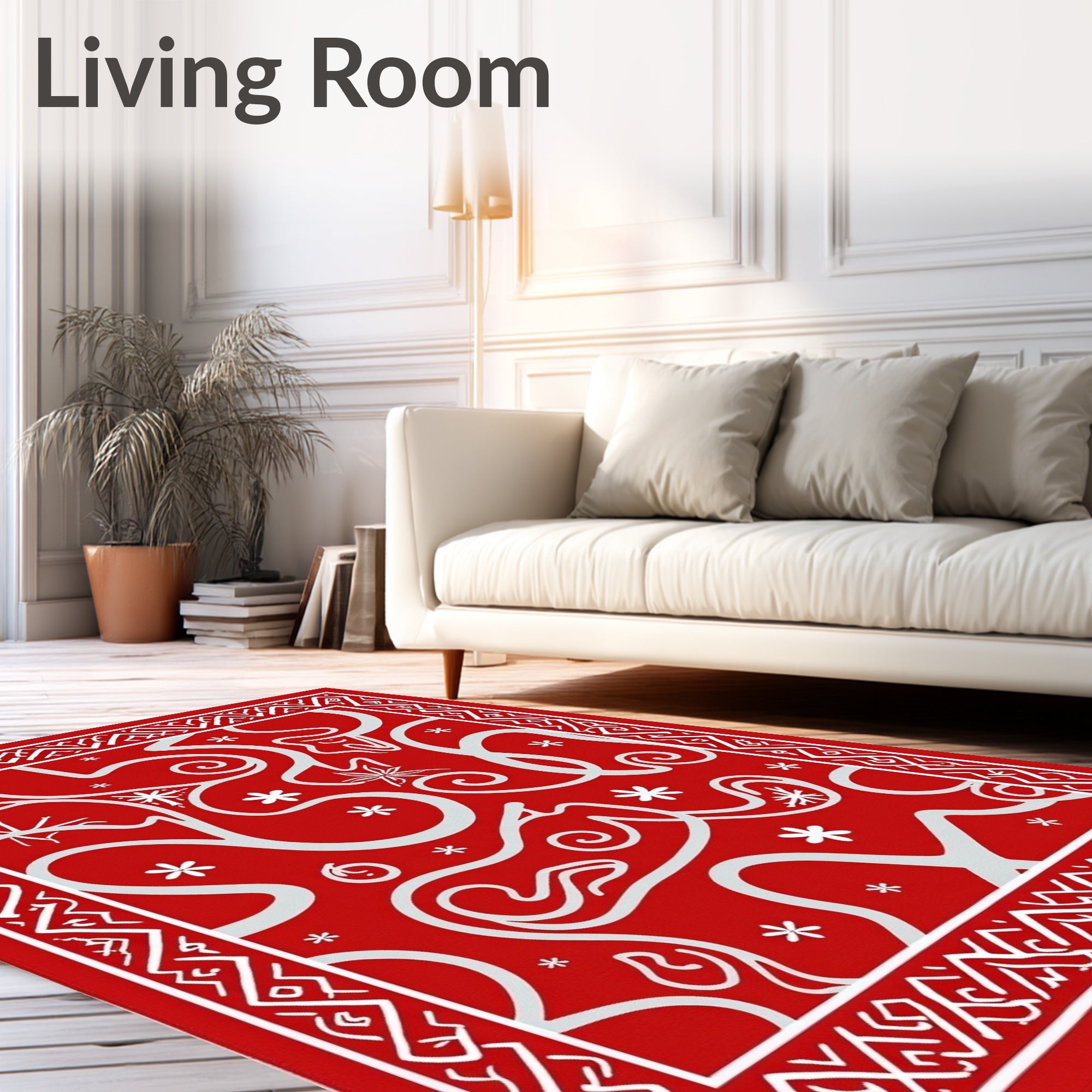 Bold Red White Swirl Snowflake Border Rug