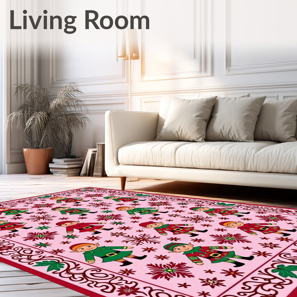 Whimsical Elf Snowflake Pink Borders Rug