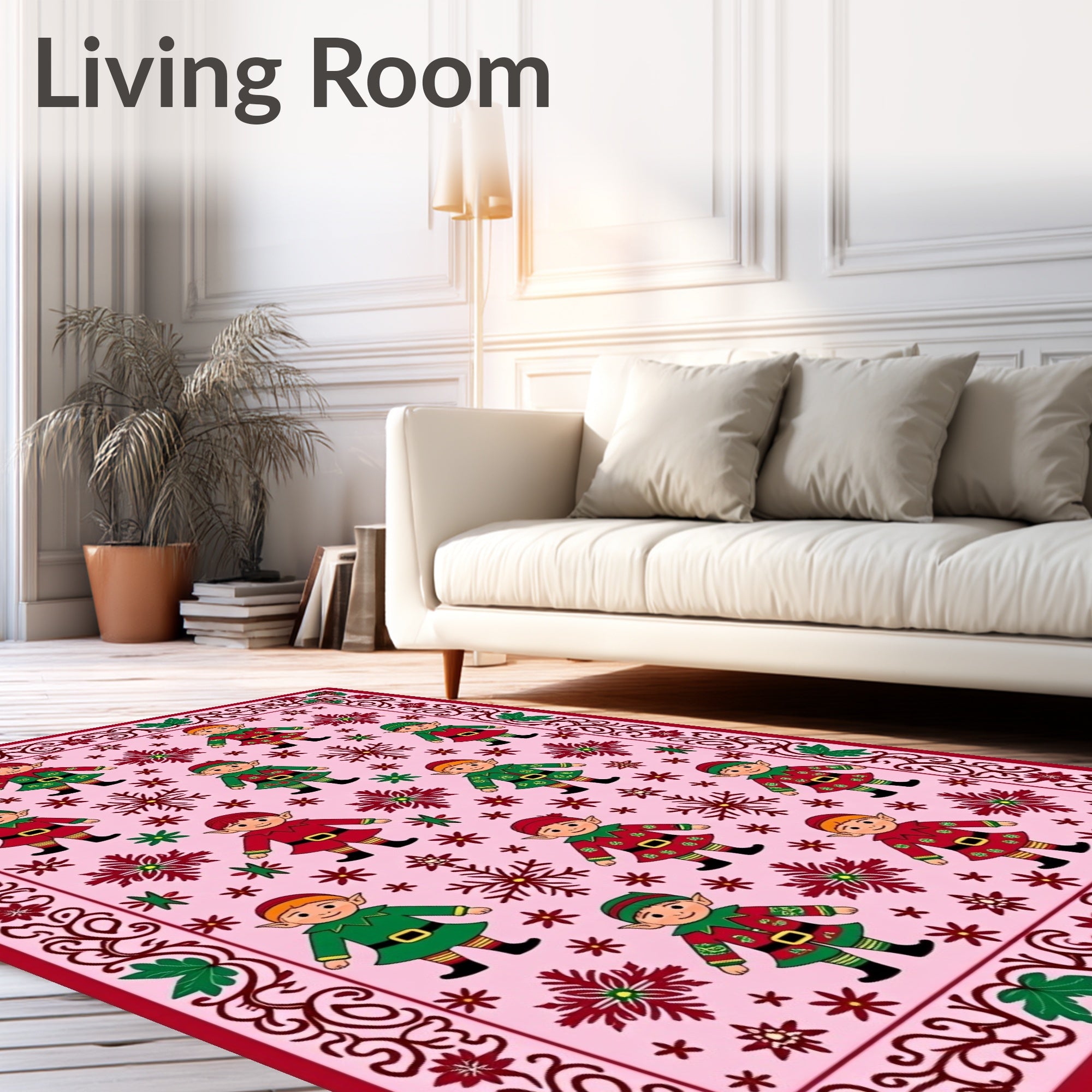 Whimsical Elf Snowflake Pink Borders Rug