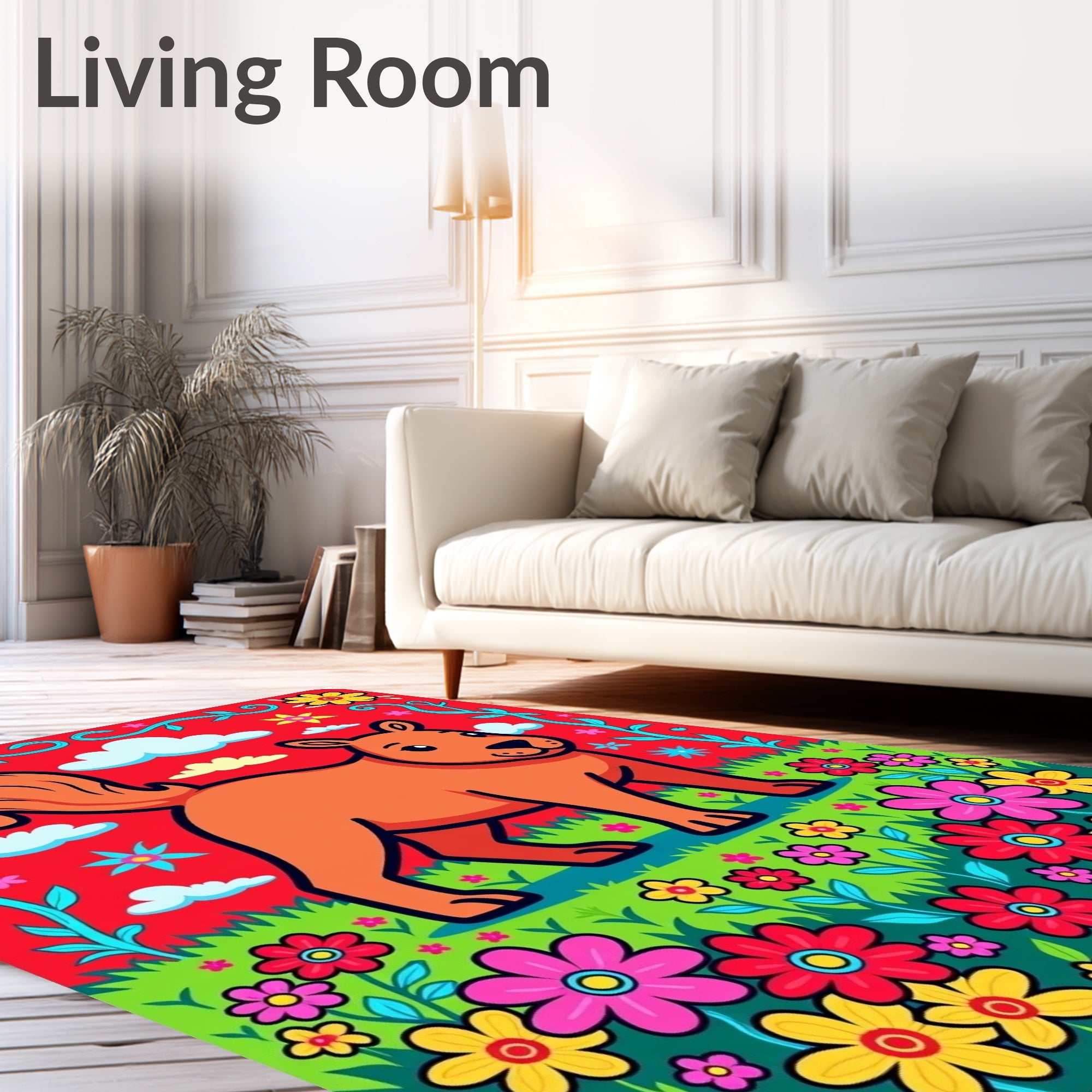 Whimsical Orange Squirrel Meadow Blooms Rug