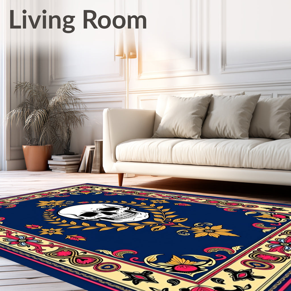 Dark Blue Skull Floral Ornament Rug