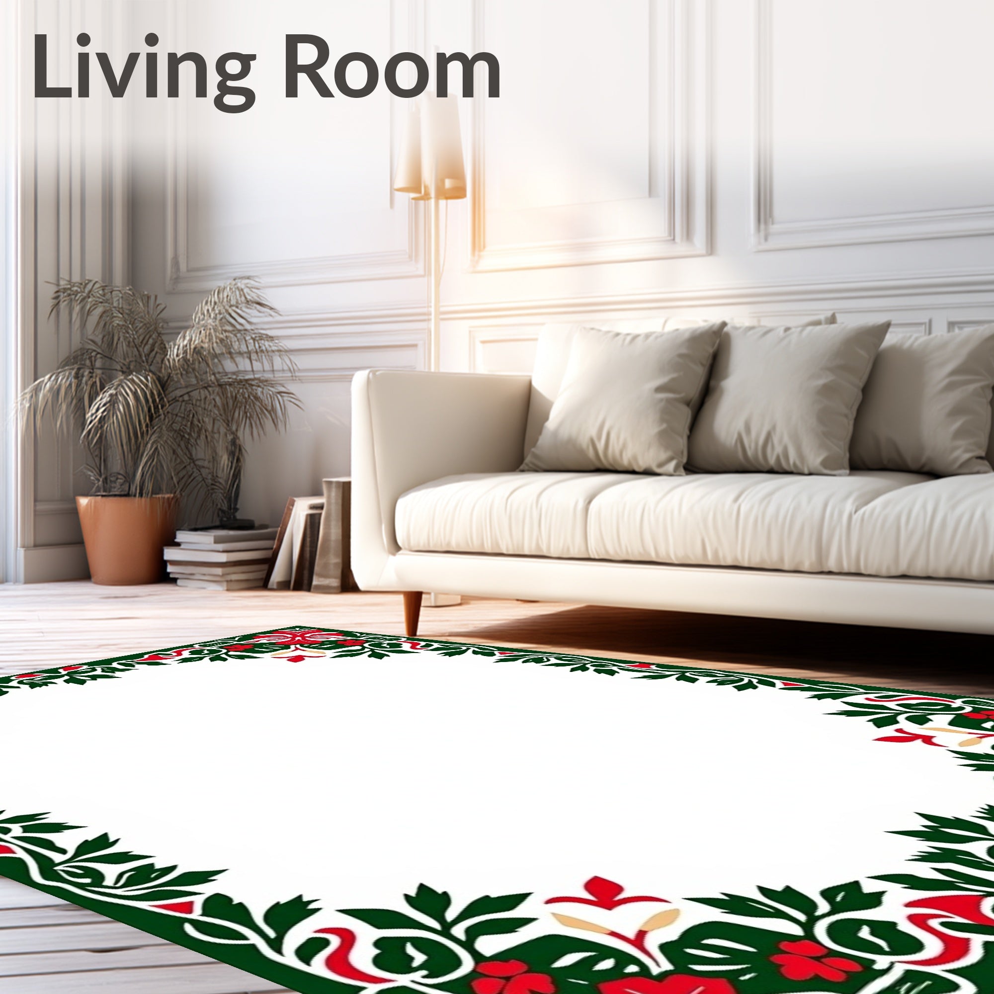 Vivid Red Hibiscus Green Tropical Border Rug