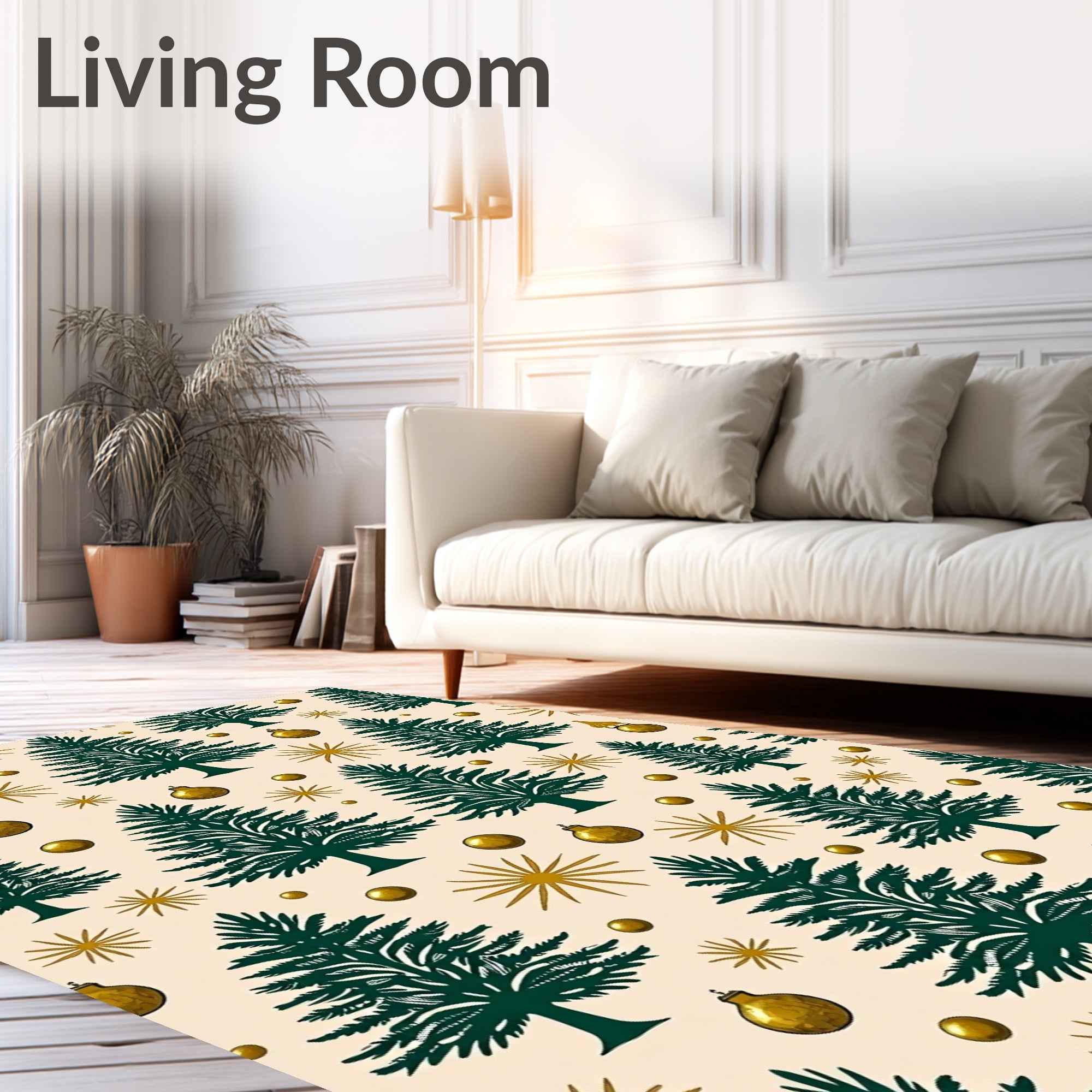 Green Evergreen Trees Golden Ornaments Rug