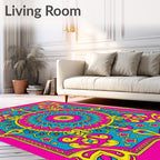 Vibrant Pink Teal Yellow Medallion Art Rug