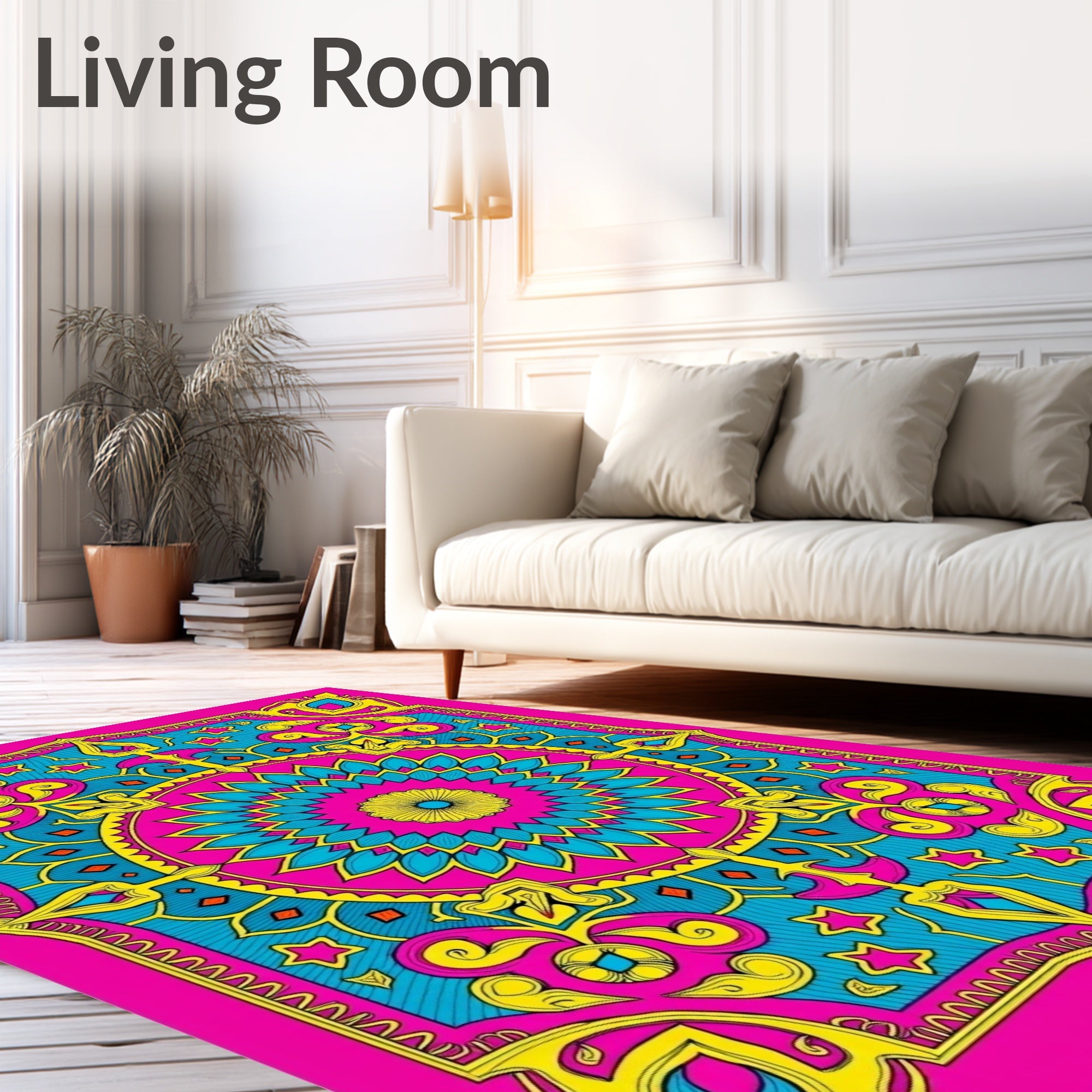 Vibrant Pink Teal Yellow Medallion Art Rug