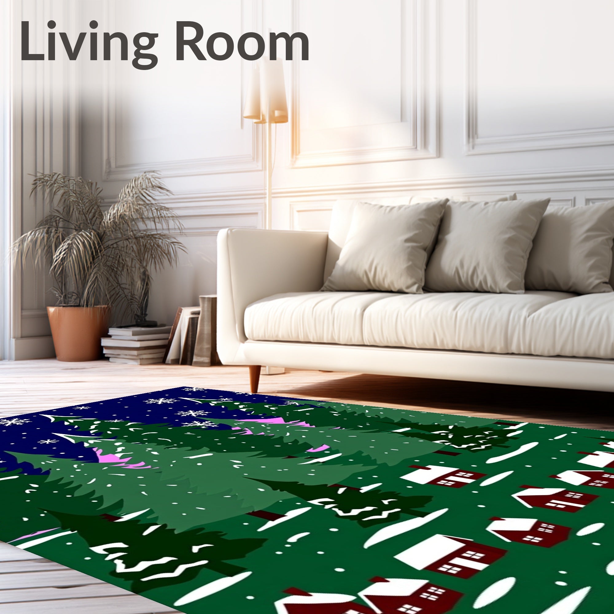 Winter Village Snowflakes Snowy Forest Scene Rug
