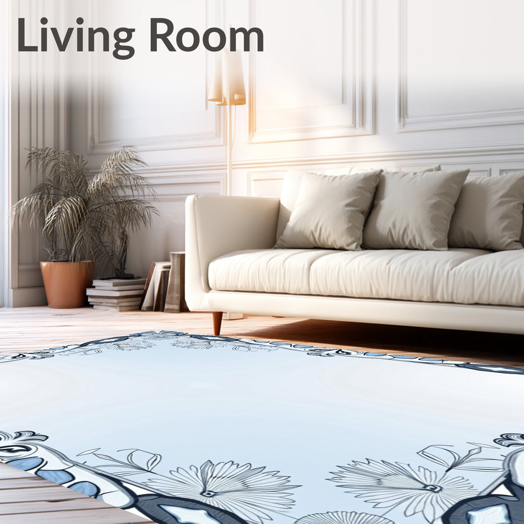 Light Blue Floral Art Nouveau Border Rug