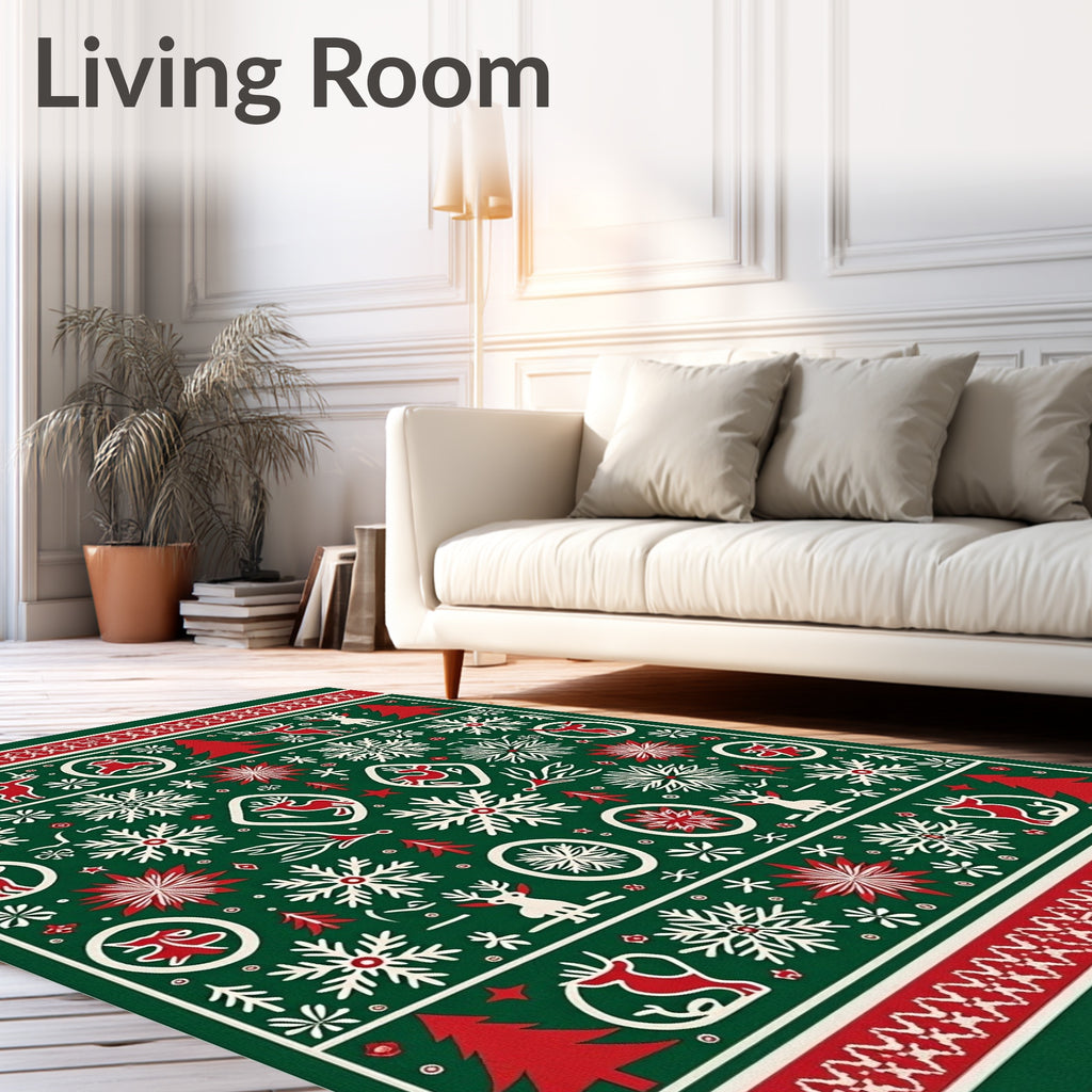 Festive Green Woodland Christmas Scene Rug