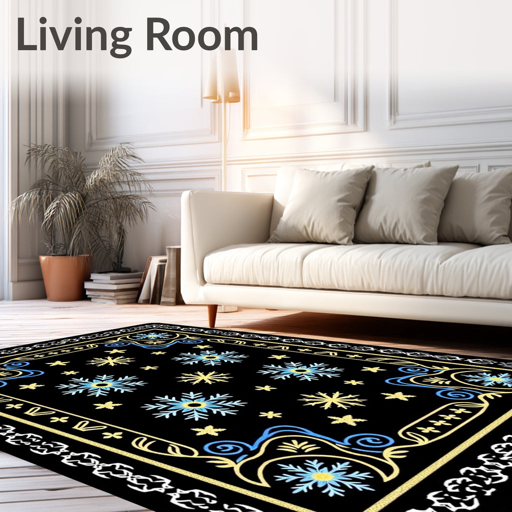 Black Snowflake Blue Yellow Border Rug