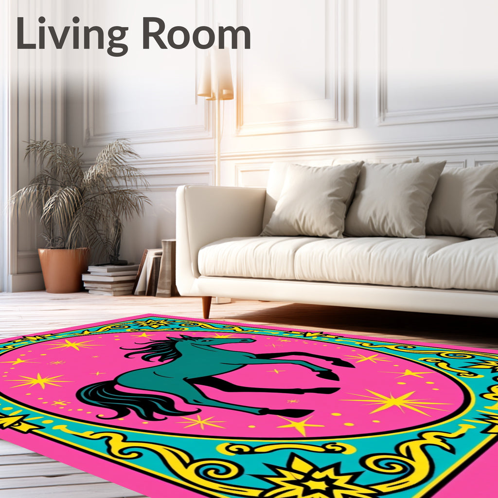 Teal Horse with Golden Stars on Pink Rug