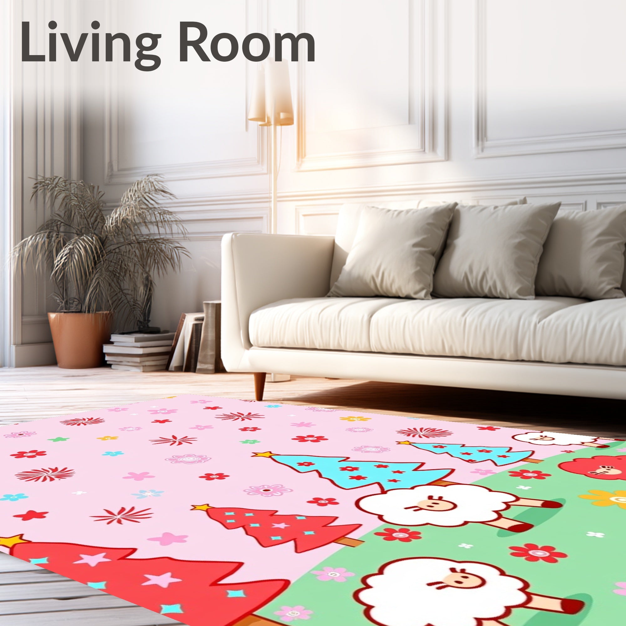 Pink Sheep and Red Christmas Trees Field Rug