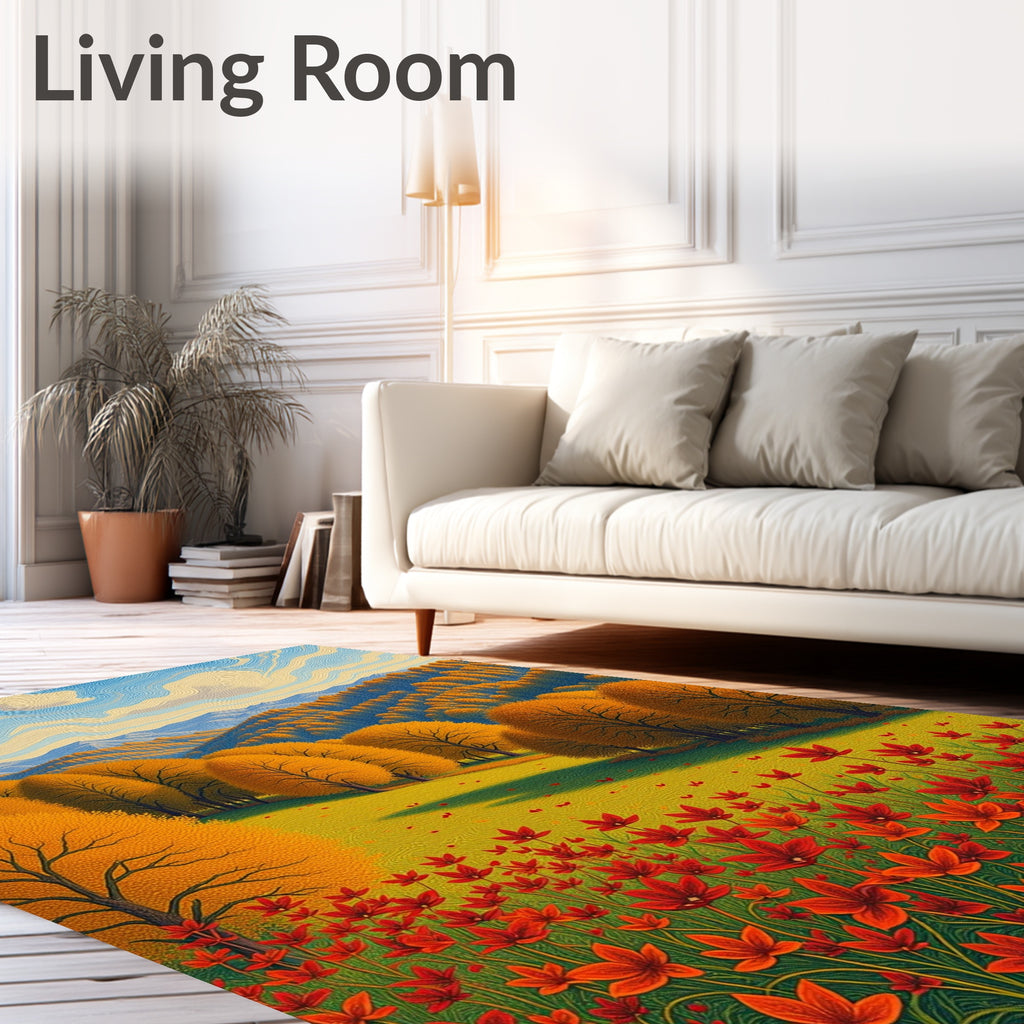 Golden Autumn Trees Field Red Flowers Rug