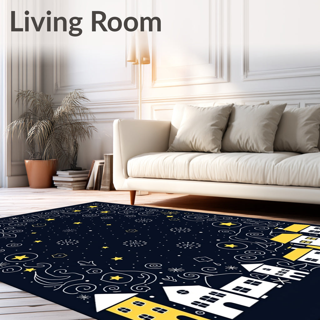 Whimsical Yellow Houses Starry Night Rug