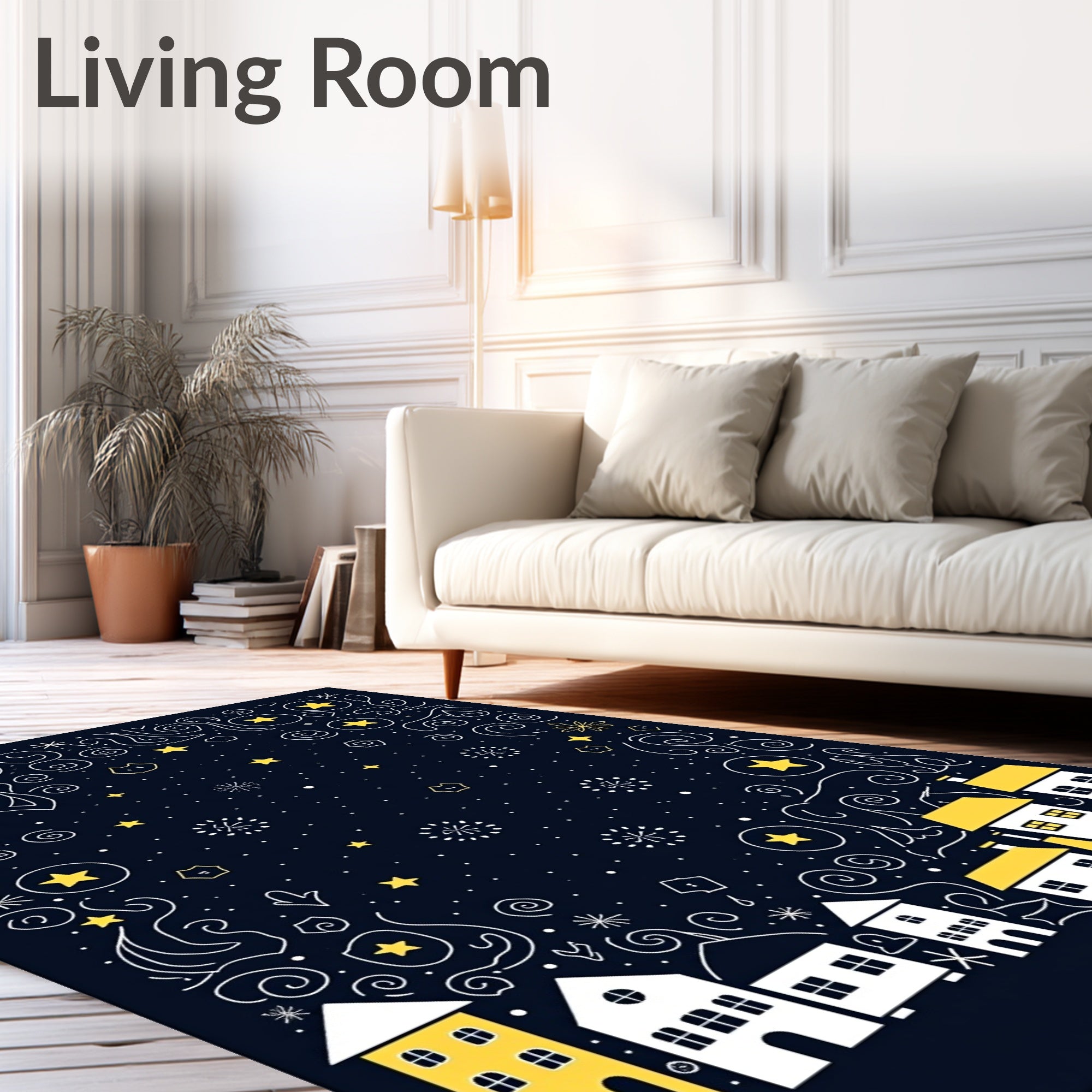 Whimsical Yellow Houses Starry Night Rug