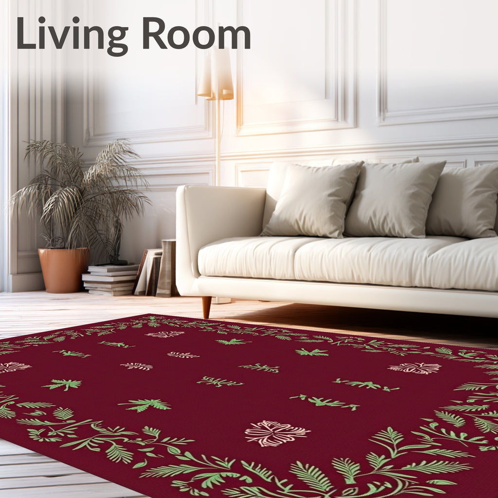 Crimson Garden Floral Leaf Border Rug