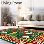 Green Roosters Floral Border Art Rug