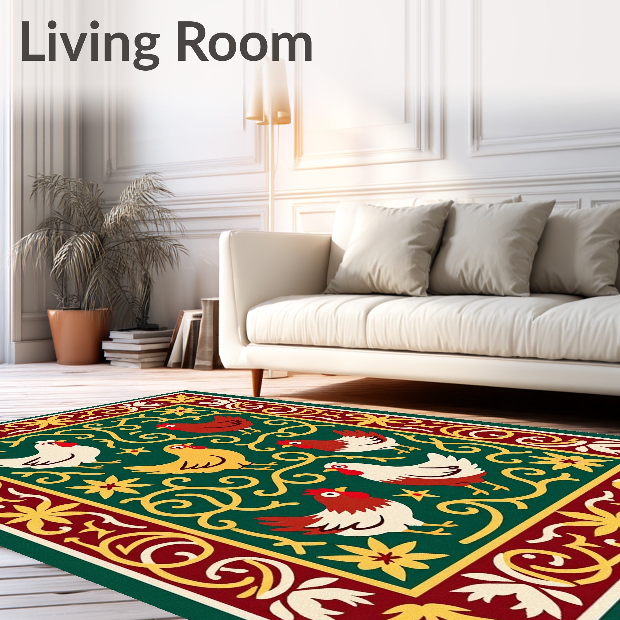 Green Roosters Floral Border Art Rug