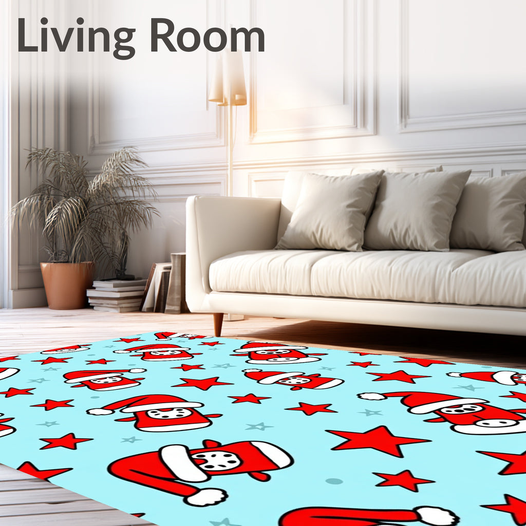 Festive Red Santa Stars Sky Blue Rug