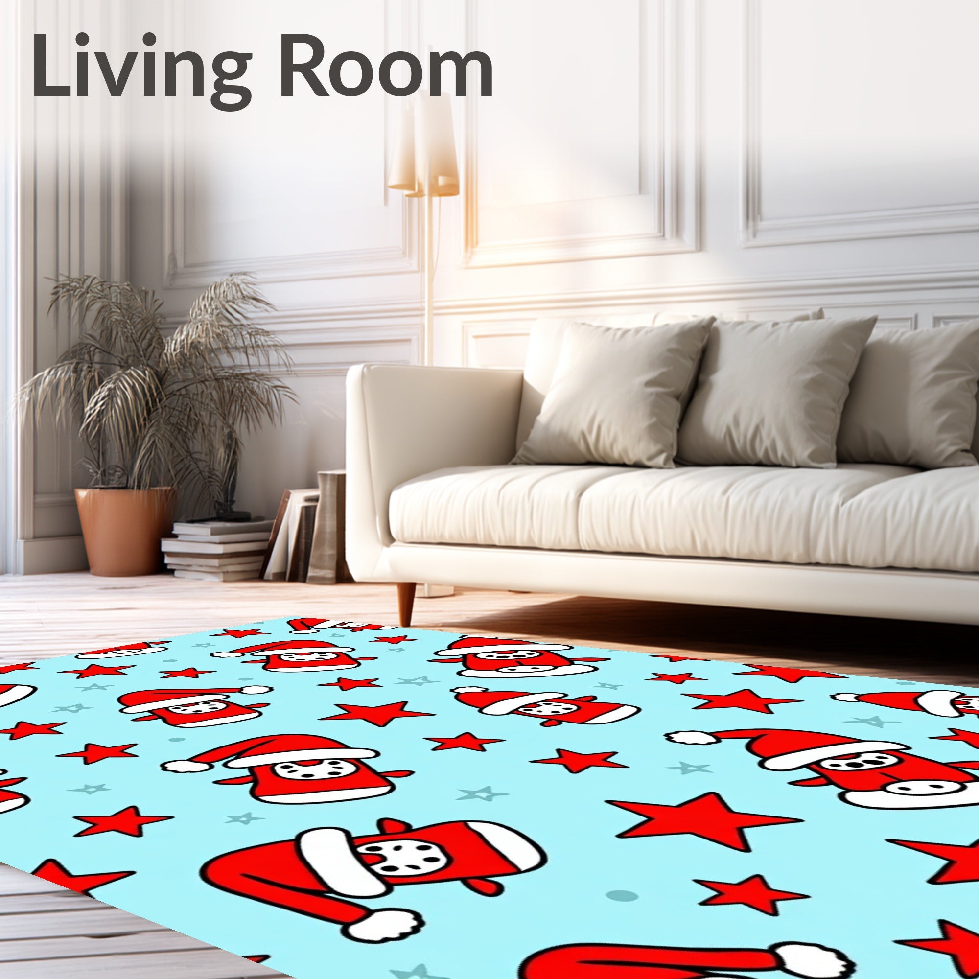 Festive Red Santa Stars Sky Blue Rug