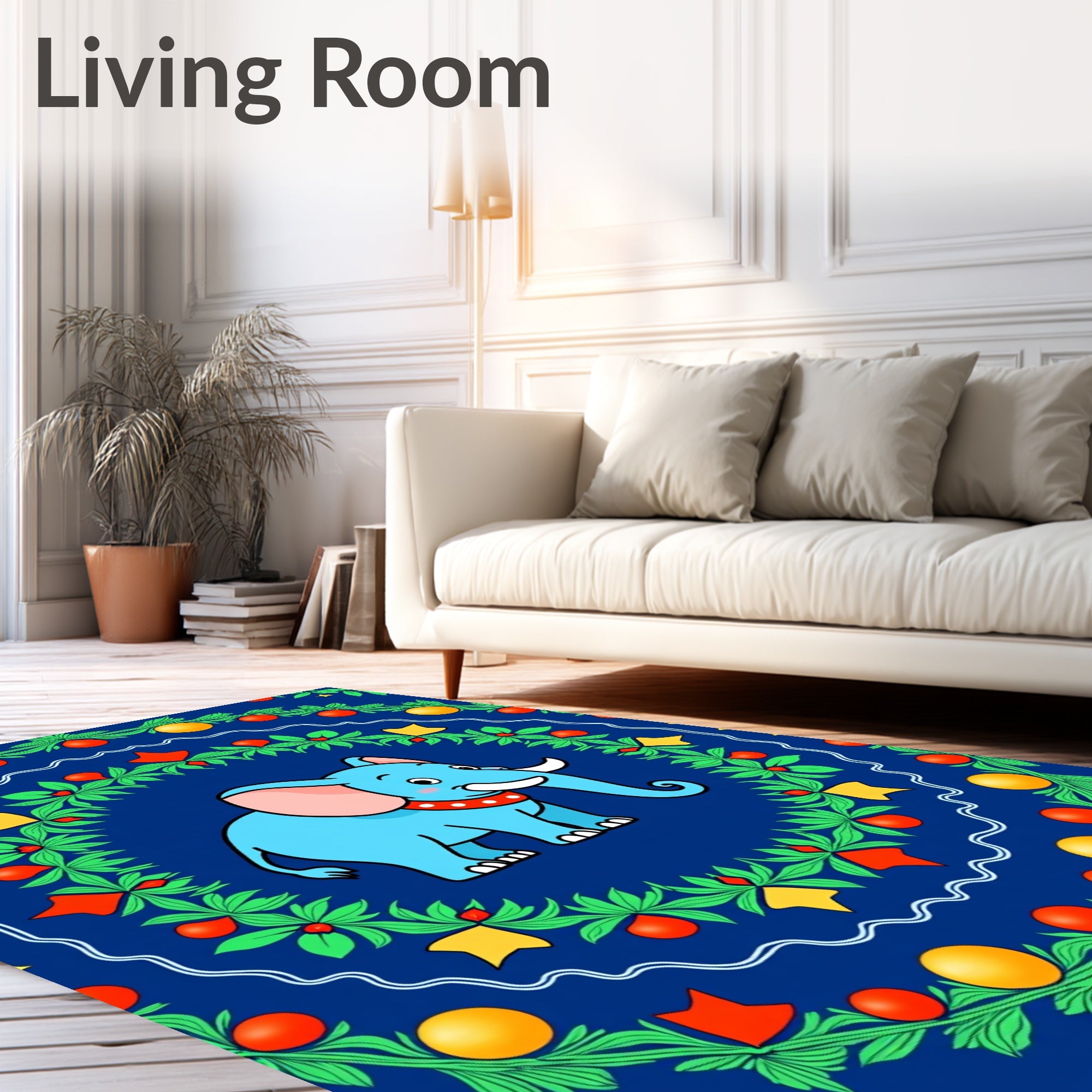Blue Elephant With Foliage Border Rug