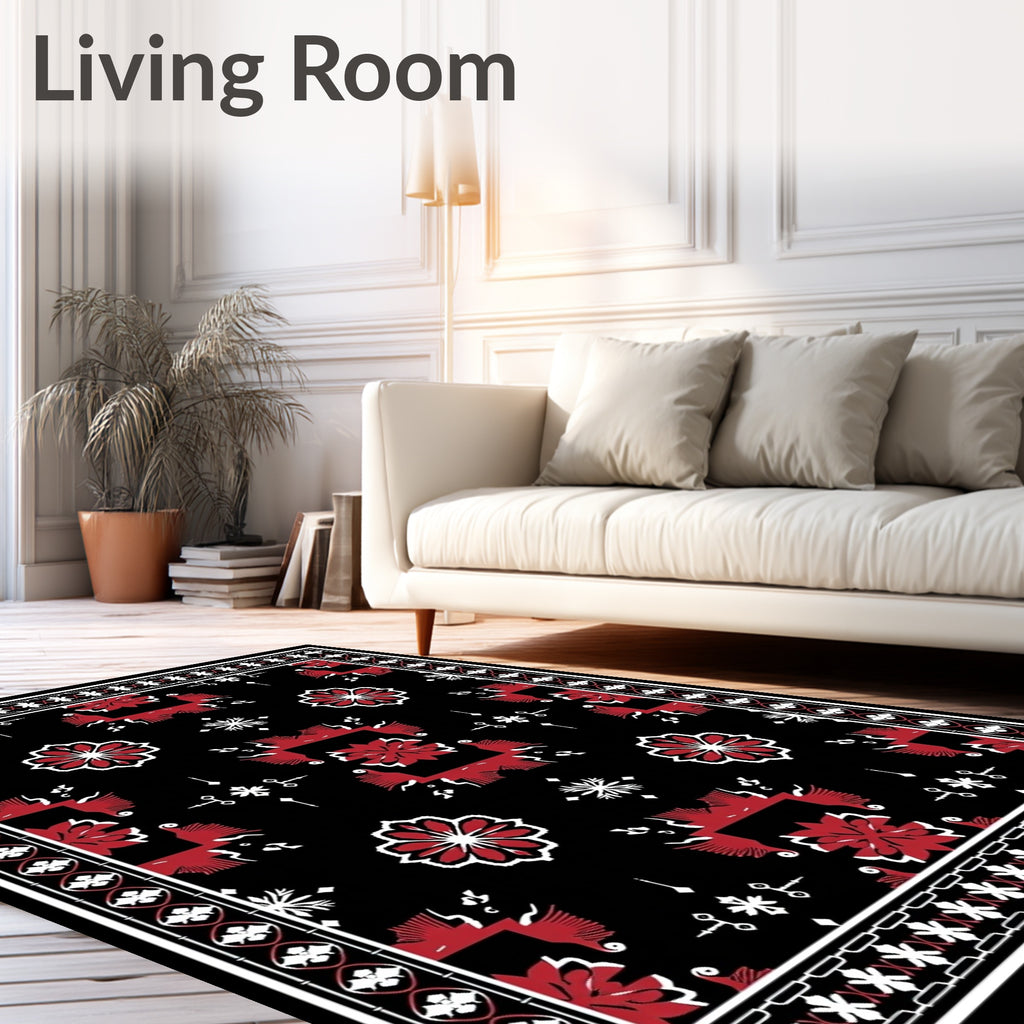Bold Red Floral Black Ground Rug