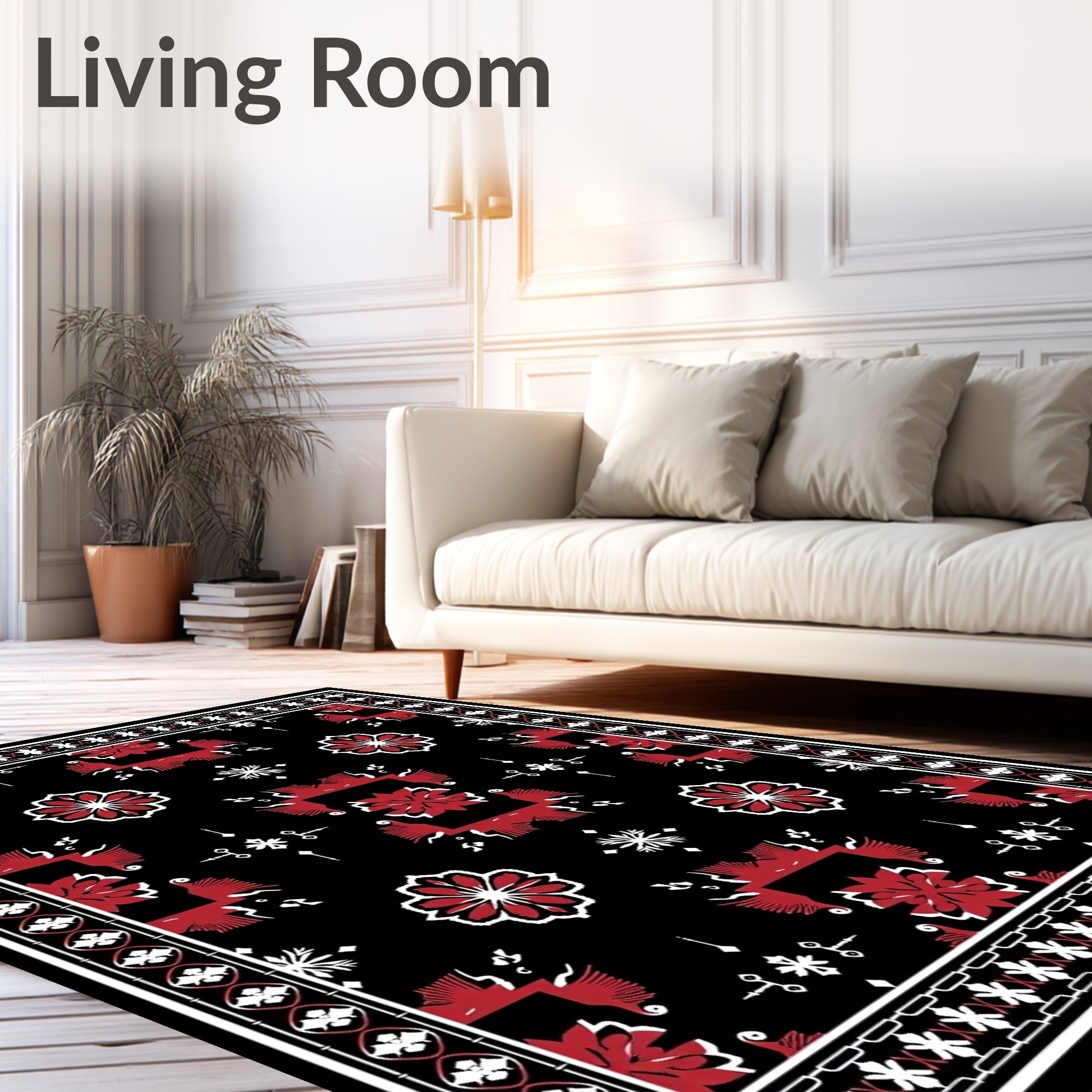 Bold Red Floral Black Ground Rug