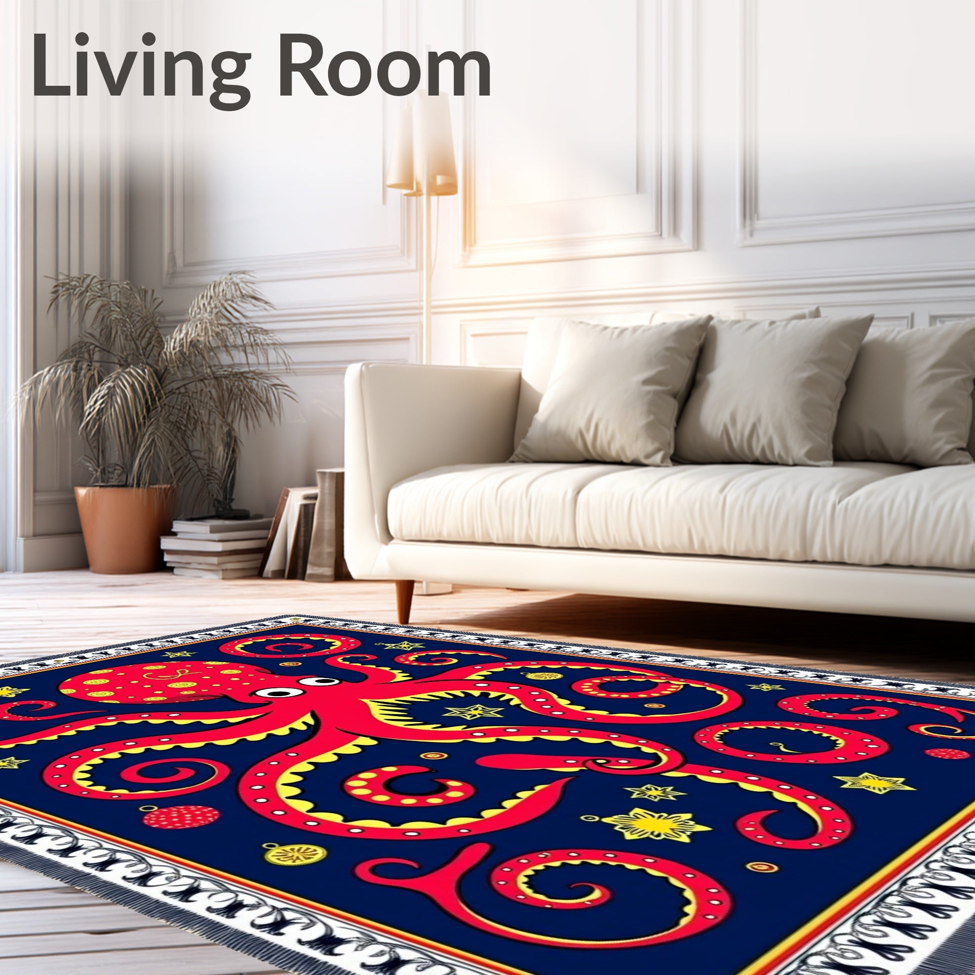 Vibrant Red Octopus Starry Navy Rug