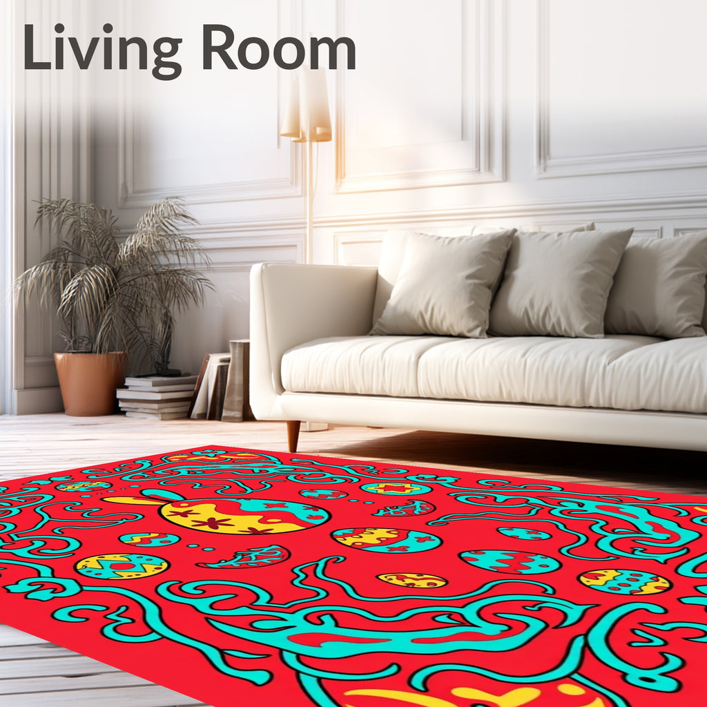 Bright Red Easter Egg Bunny Scroll Rug
