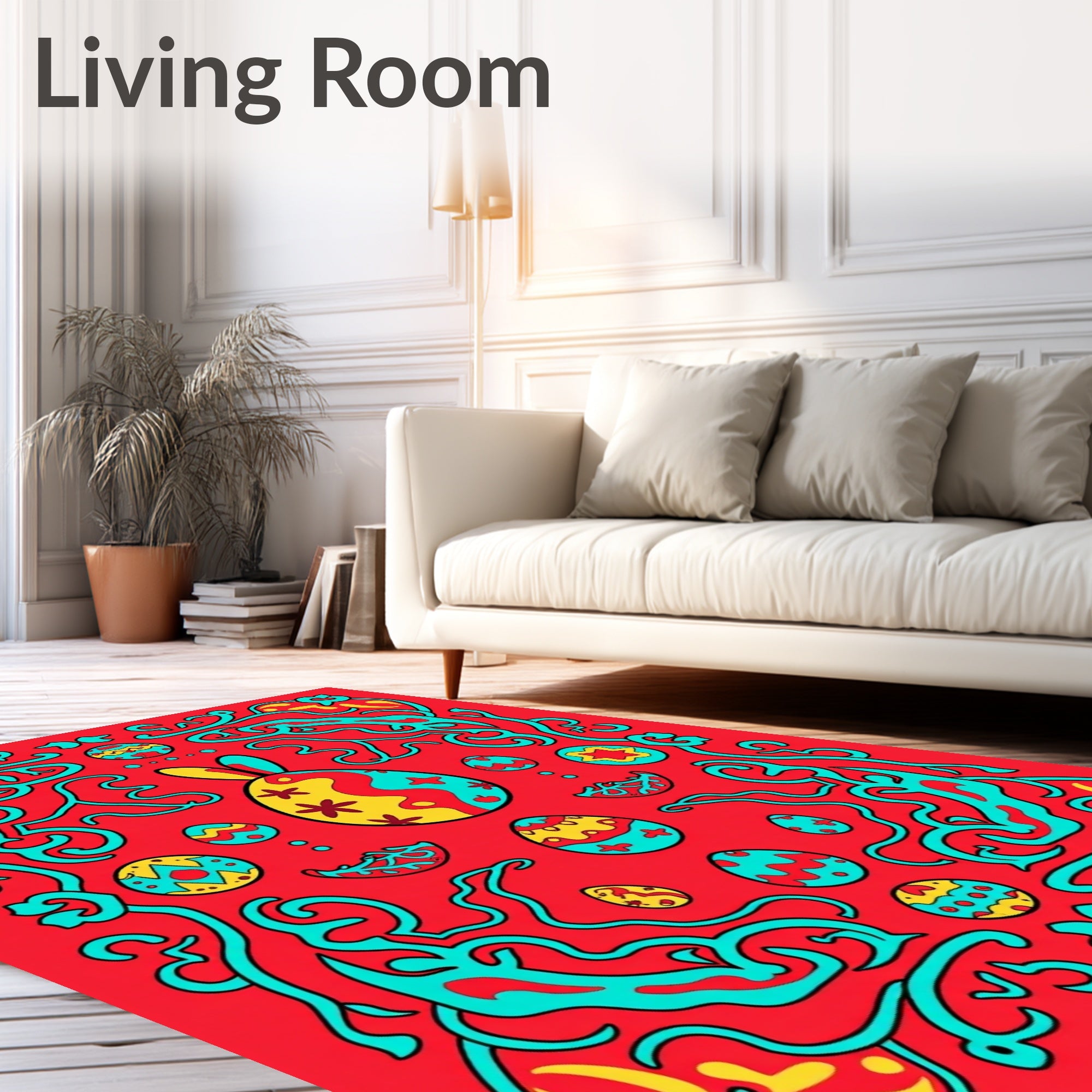 Bright Red Easter Egg Bunny Scroll Rug