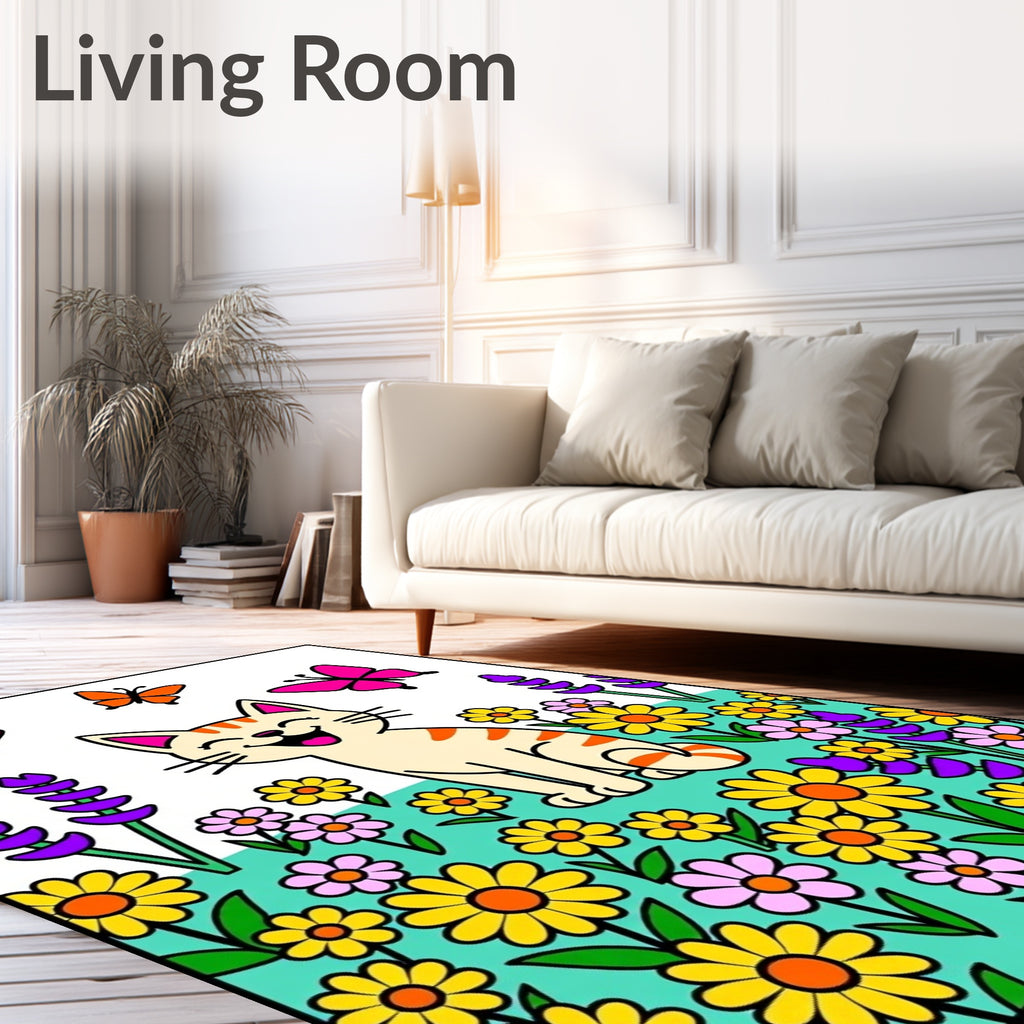 Whimsical Orange Cat Butterflies Flowers Rug
