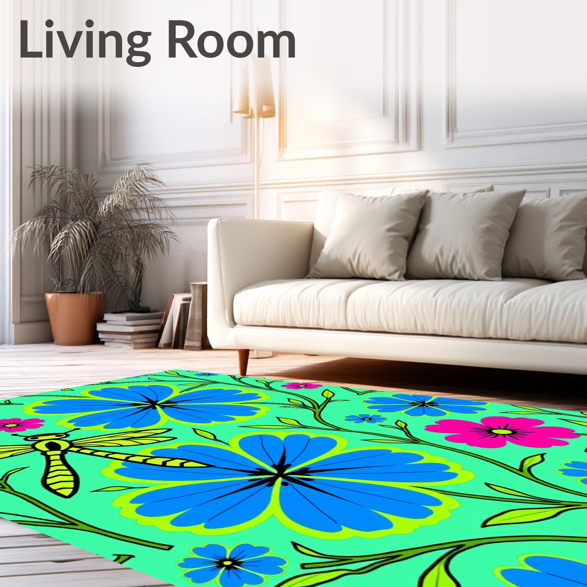 Bright Blue Floral Dragonfly Garden Rug