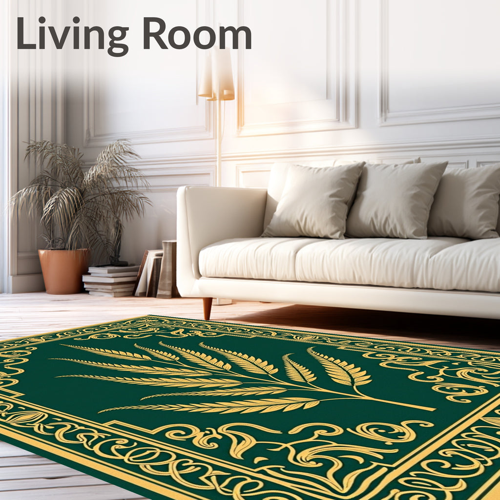 Emerald Golden Leaf Symmetry Border Rug