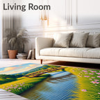 Serene Woodland Bridge Pink Floral Meadow Rug