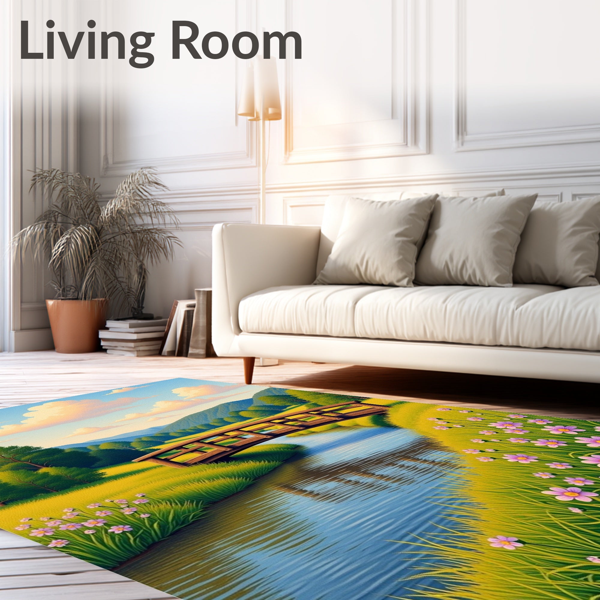 Serene Woodland Bridge Pink Floral Meadow Rug